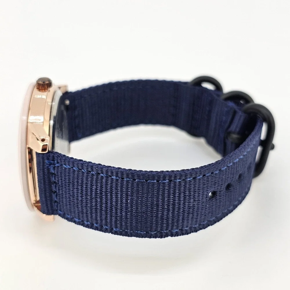 38MM Women's Analog Watch Gold Dial NEW Dark Blue Nylon Canvas Bands NEW Battery